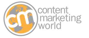 A logo for content marketing world with a globe in the center