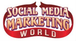 A logo for social media marketing world with a red ribbon