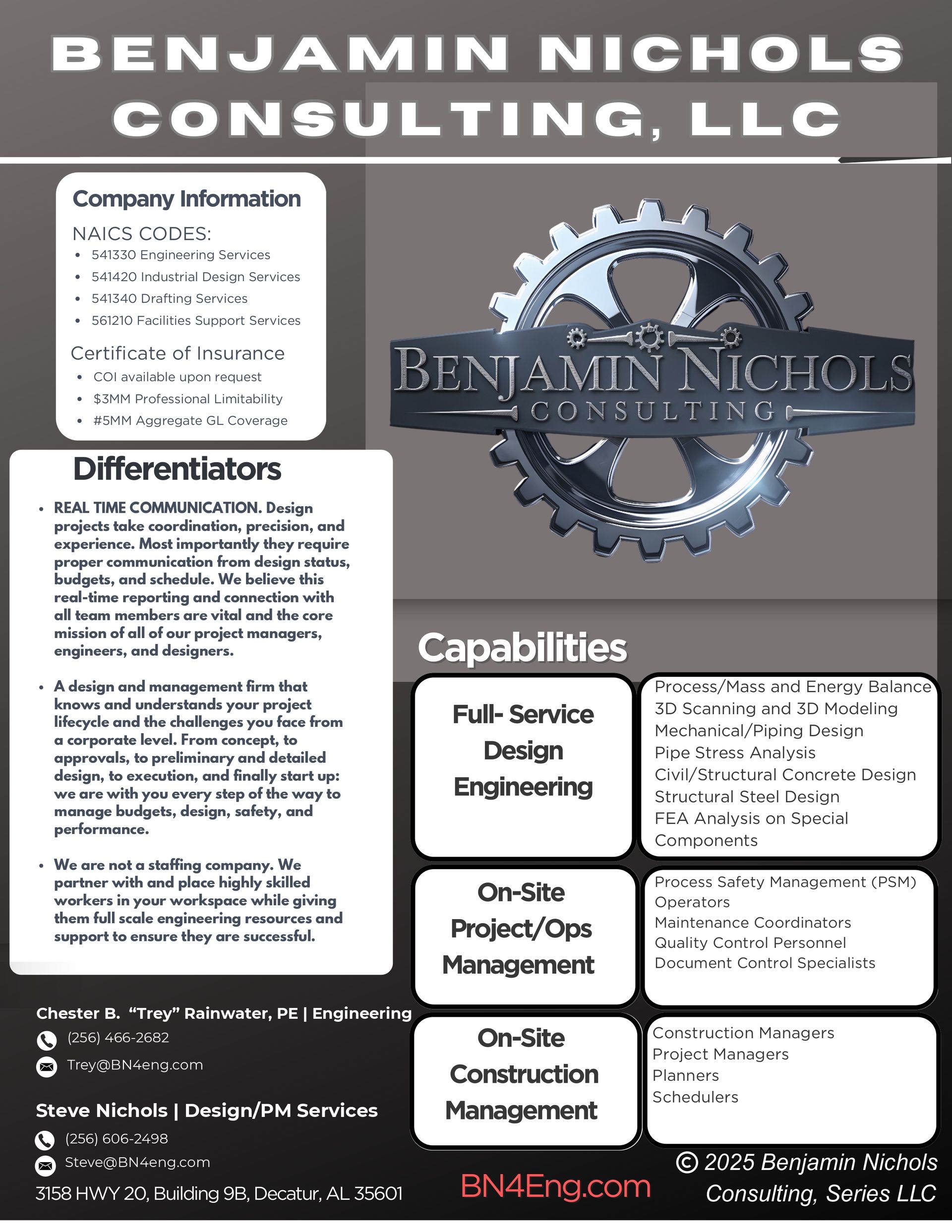 A brochure for benjamin nicholas consulting llc with a gear on it
