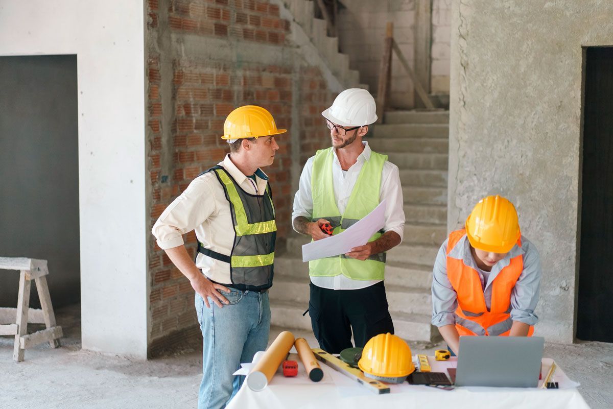A group of construction workers are standing around a table in a building under construction.