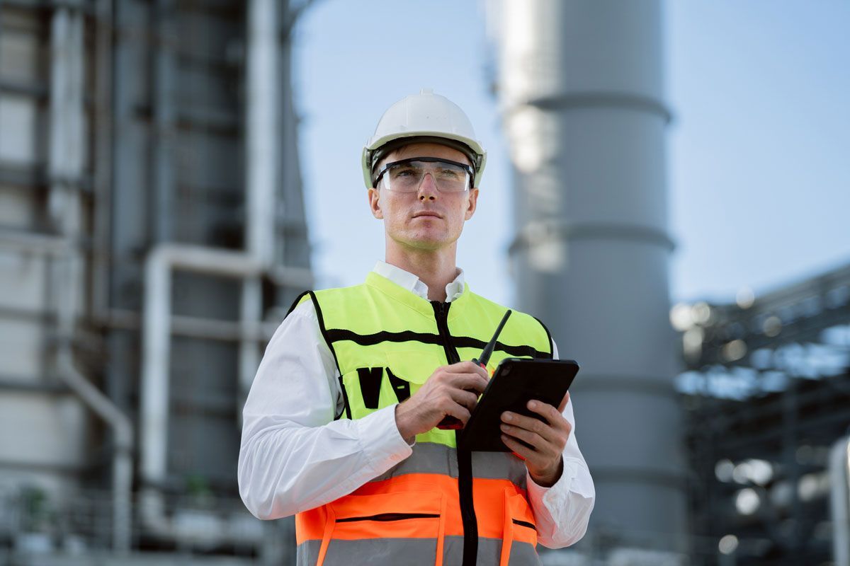 A man in a hard hat and safety vest is holding a tablet in front of a factory.