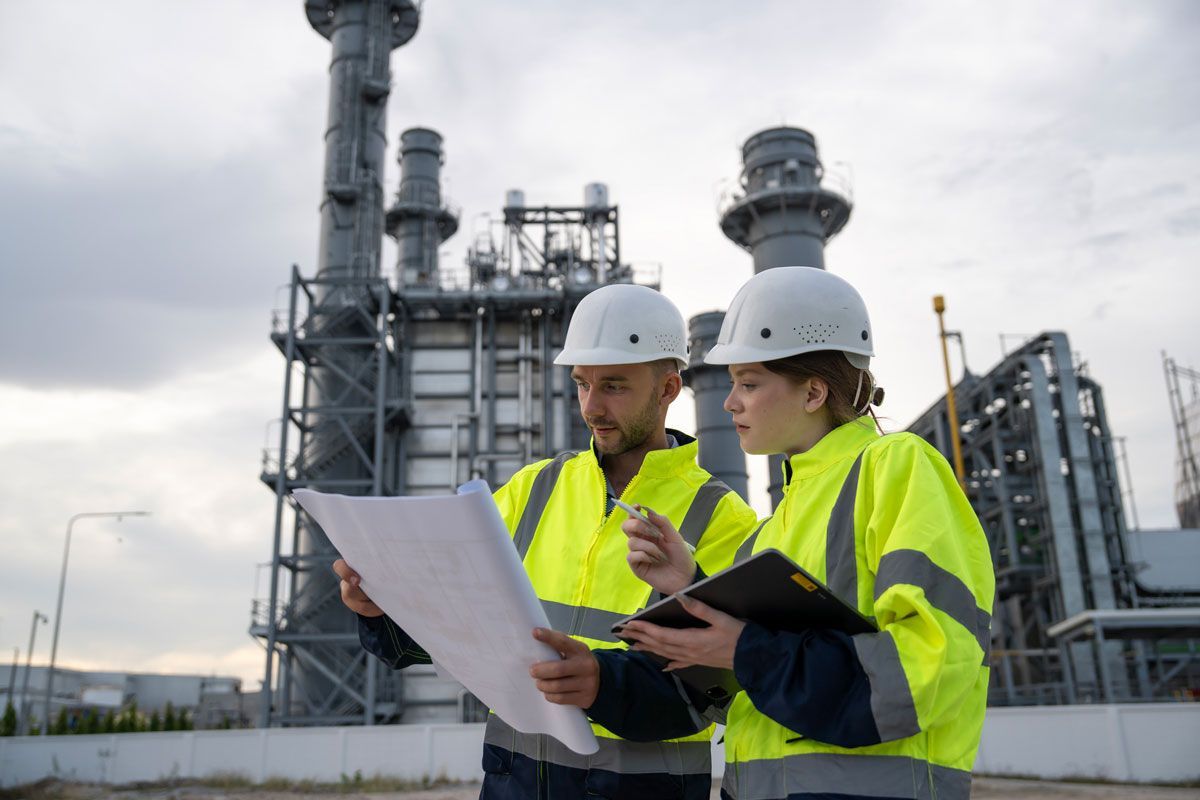 A man and a woman are looking at a blueprint in front of a factory.