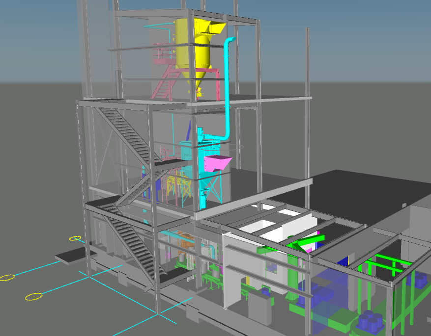 A 3d model of a building with stairs and pipes.