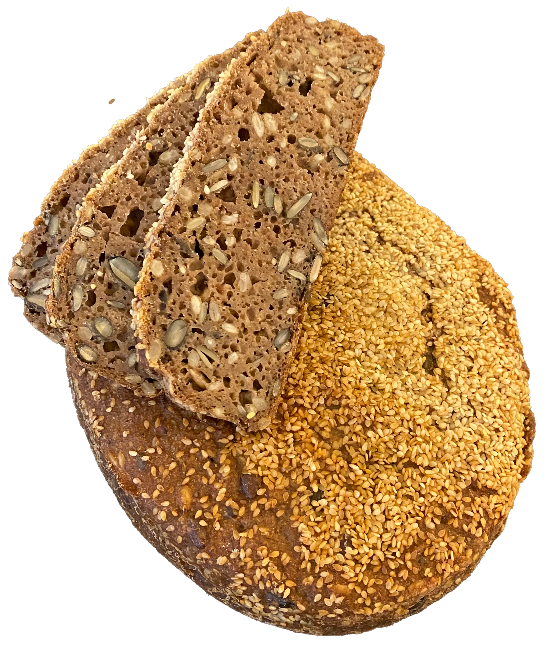 Et brød med skiver brød ovenpå på en hvid baggrund.