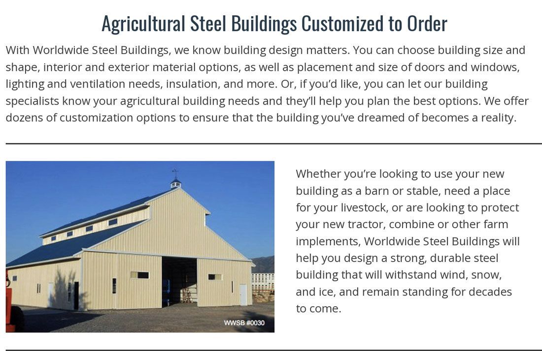 An advertisement for agricultural steel buildings customized to order