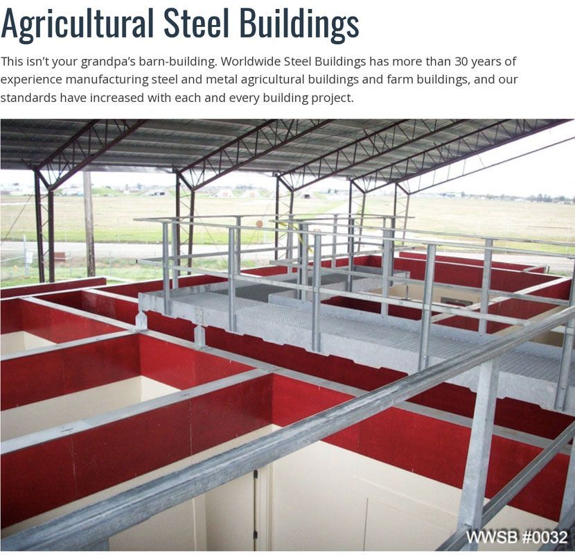 An advertisement for agricultural steel buildings with a picture of a building