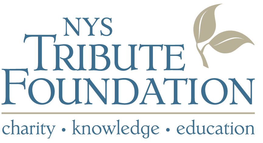 Logo for NYS Tribute Foundation; blue text over tan, with leaves.