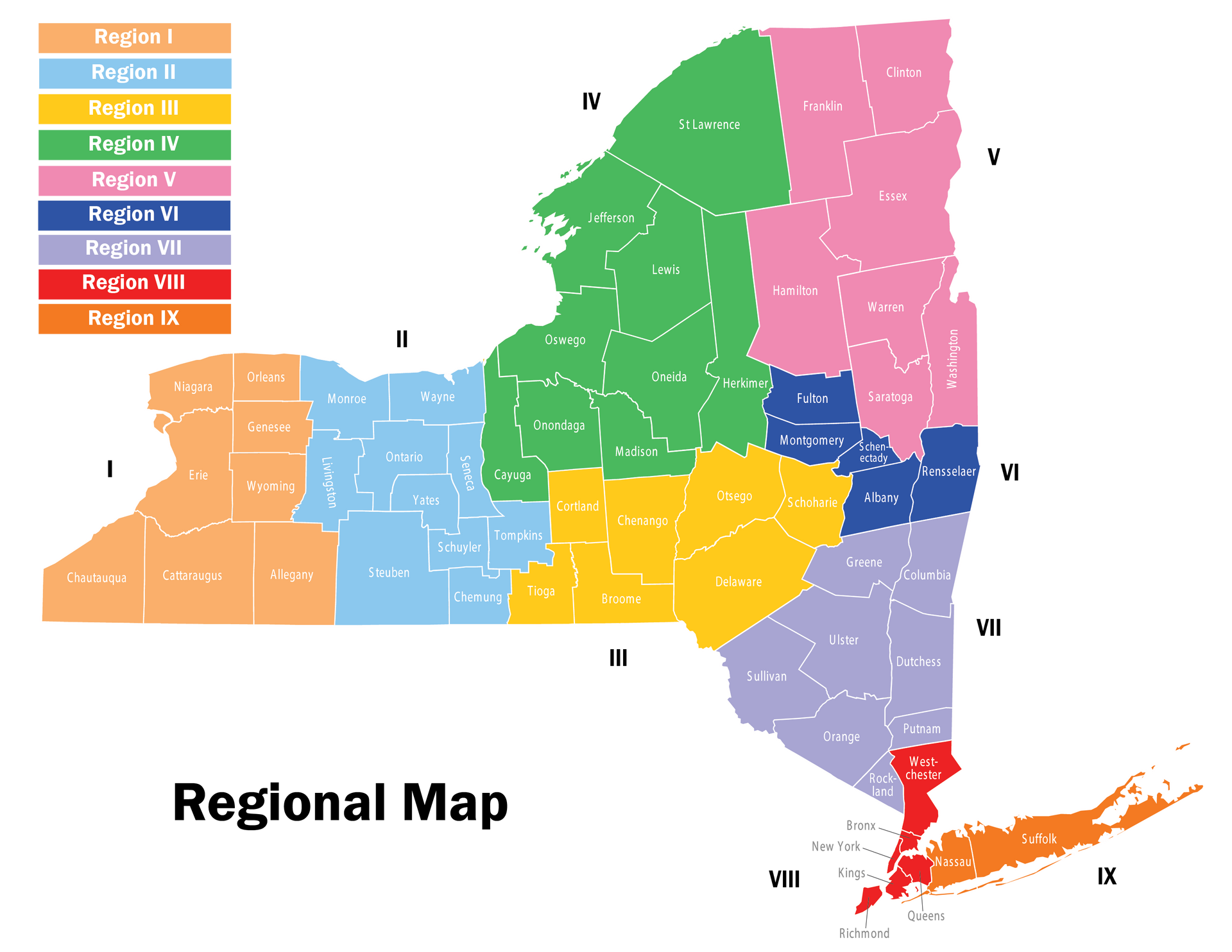 Map of New York State divided into color-coded regions, labeled with Roman numerals I-VIII.