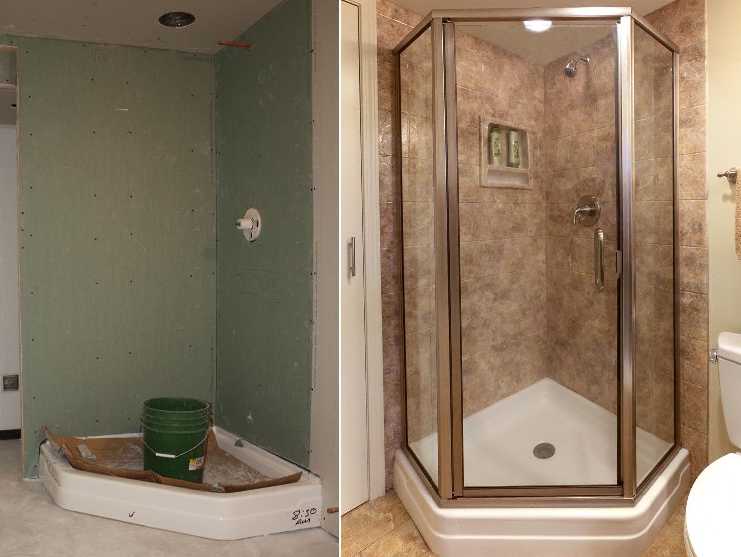 A before and after picture of a bathroom with a shower stall