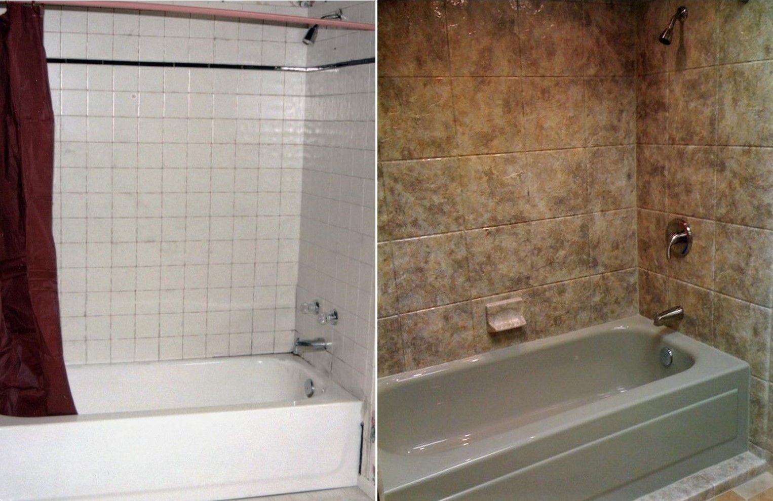 A before and after picture of a bathroom with a bathtub and shower.