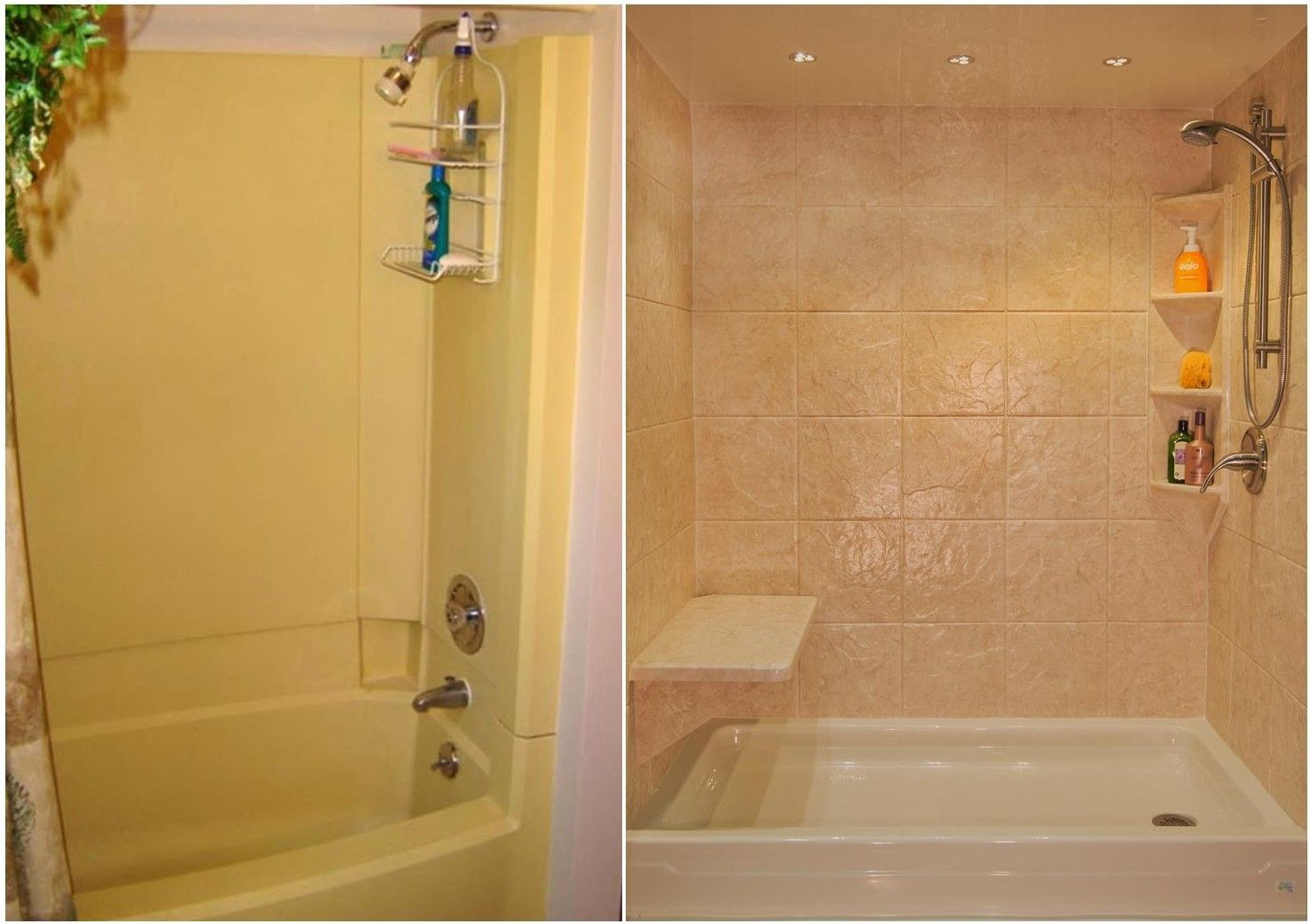 A before and after photo of a bathtub and shower.
