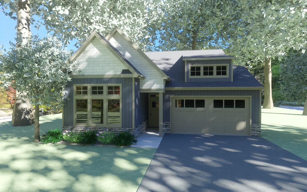 Brick ranch-style house with manicured lawn, shrubs, and a two-car garage under a blue sky.