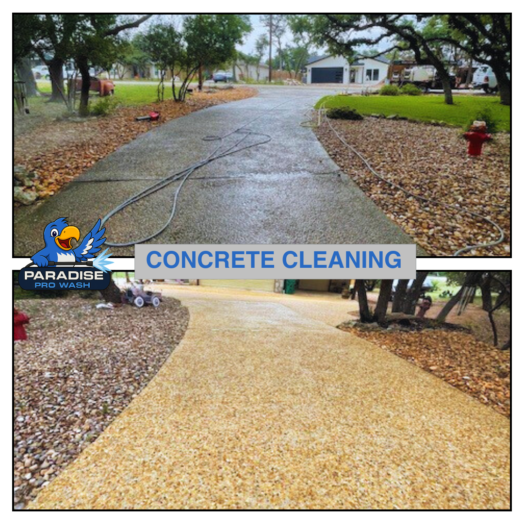 Before-and-after of driveway concrete cleaning: stained gray surface transformed to clean tan aggregate.