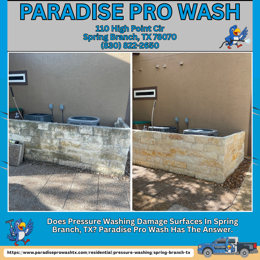 Before and after comparison of a stone wall being cleaned by Paradise Pro Wash in Spring Branch, TX.