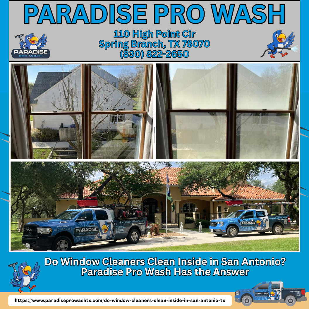 Paradise Pro Wash ad showing clean windows and a blue service truck outside a home