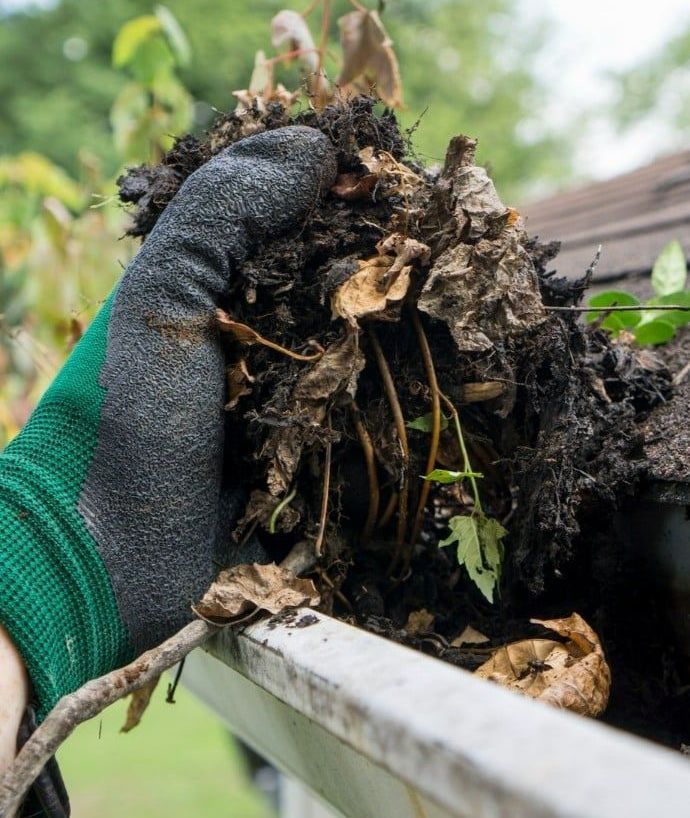 A person wearing gloves is cleaning a gutter with leaves and dirt.