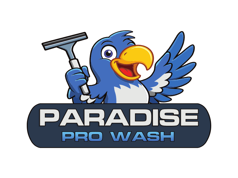 The logo for paradise pro wash shows a house and palm trees.