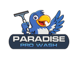 The logo for paradise pro wash shows a house and palm trees.