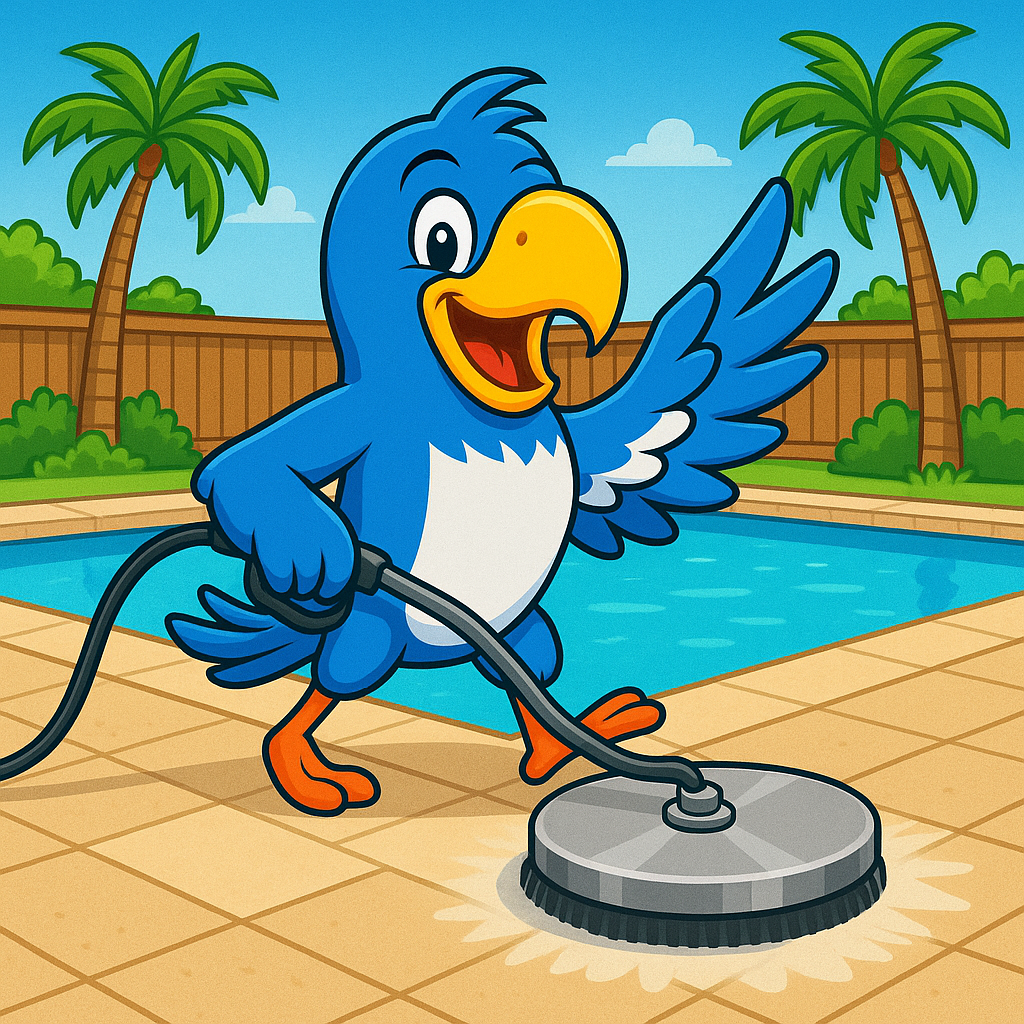 Blue cartoon parrot cleaning pool deck with a pressure washer; pool, palm trees in the background.