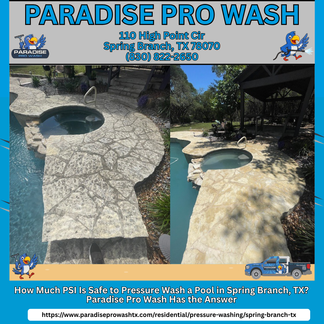 Before & after pool cleaning. Paradise Pro Wash in Spring Branch, TX. Shows walkway & pool.