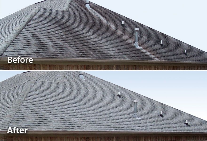 Before-and-after roof image showing dark shingles replaced with lighter gray shingles.