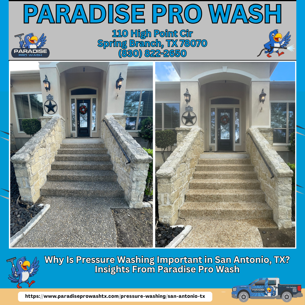 Before and after comparison of house steps being pressure washed by Paradise Pro Wash in Spring Branch, TX.
