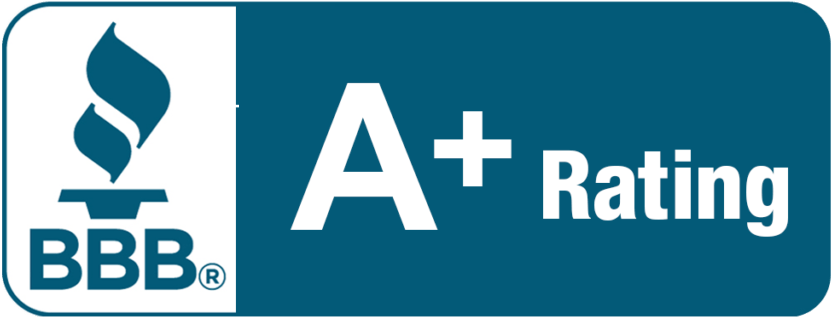 BBB A+ rating badge in blue and white with the BBB torch logo