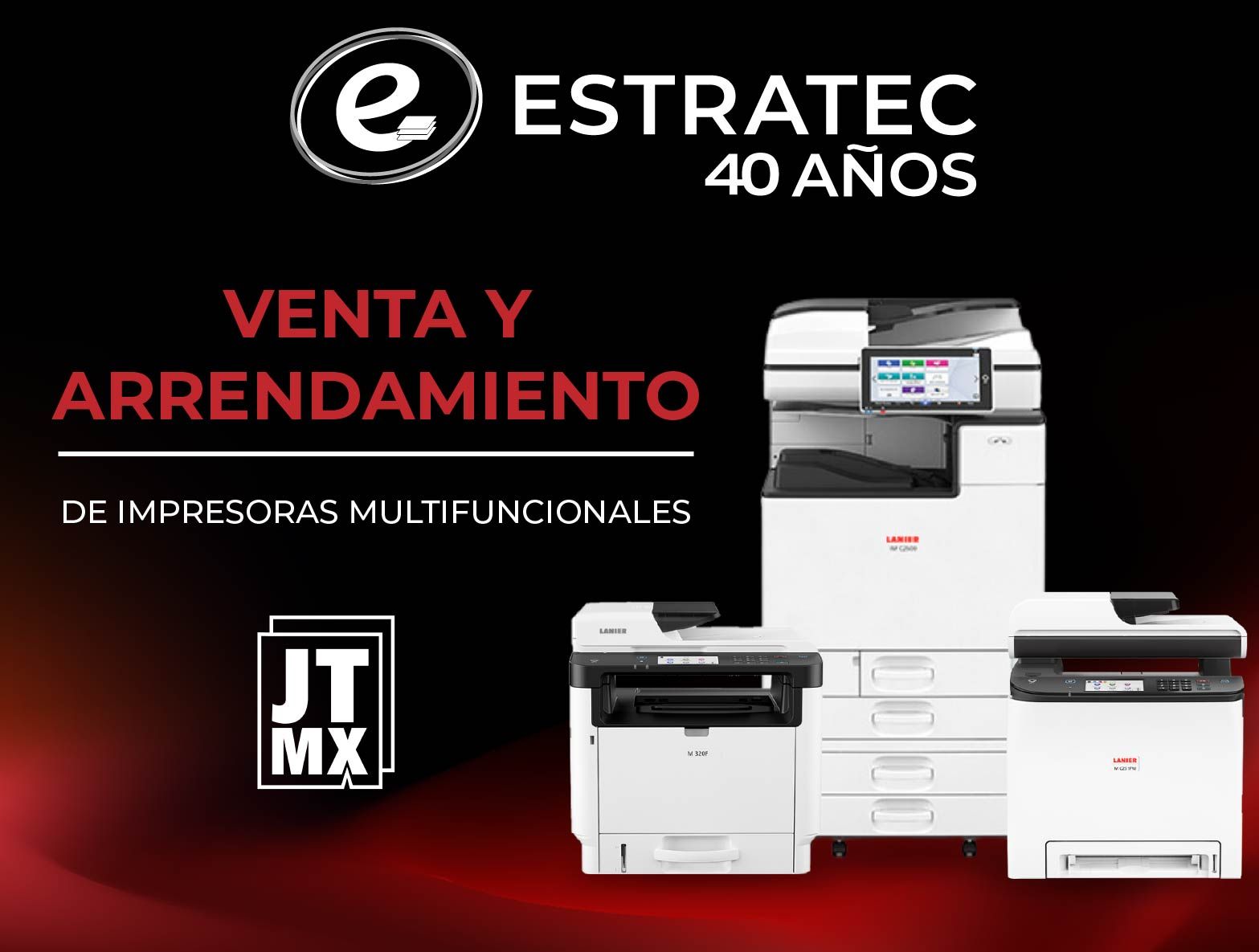 Un anuncio de una empresa llamada estratec 40 años