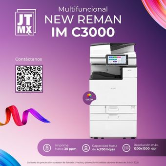 Un cartel para una nueva impresora remanufacturada im c3000.