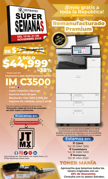 Un anuncio de una nueva impresora remanufacturada IM C3500