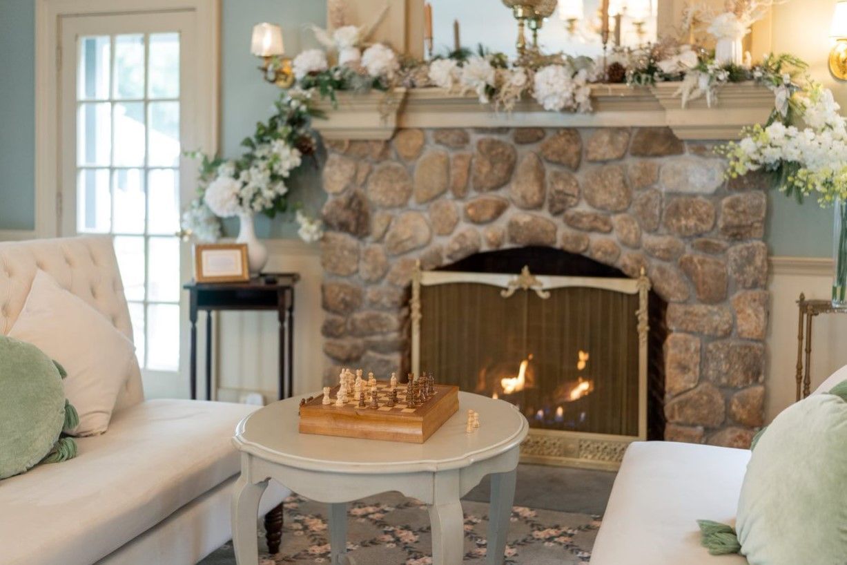 Fireplace and sofa with Chess set