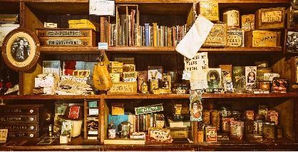 Antiques on a bookshelf