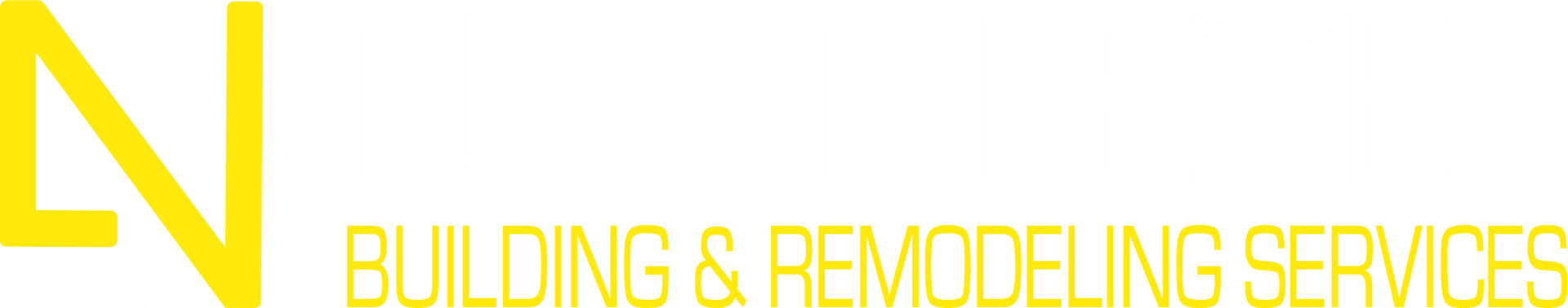 A yellow and white logo for a company called Next Level Building & Remodeling LLC