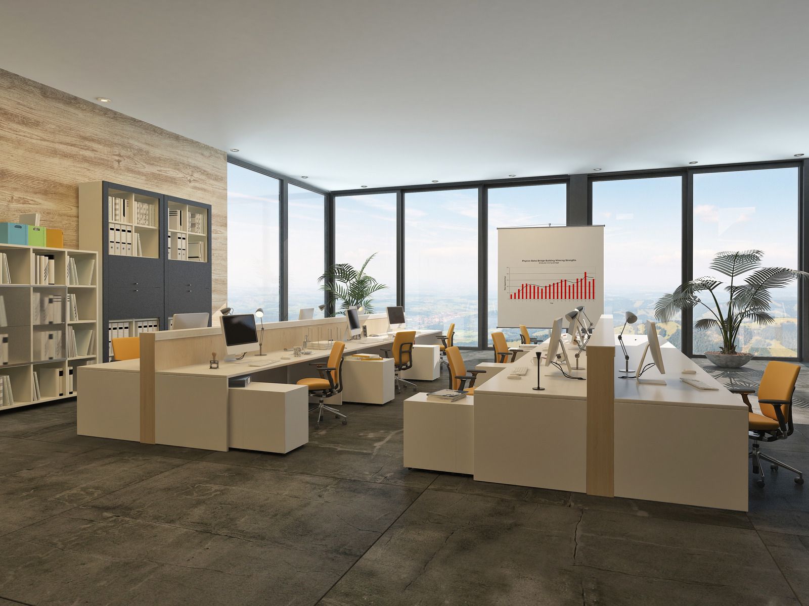 Modern office with desks and chairs near large windows, a bookshelf, and a presentation screen.