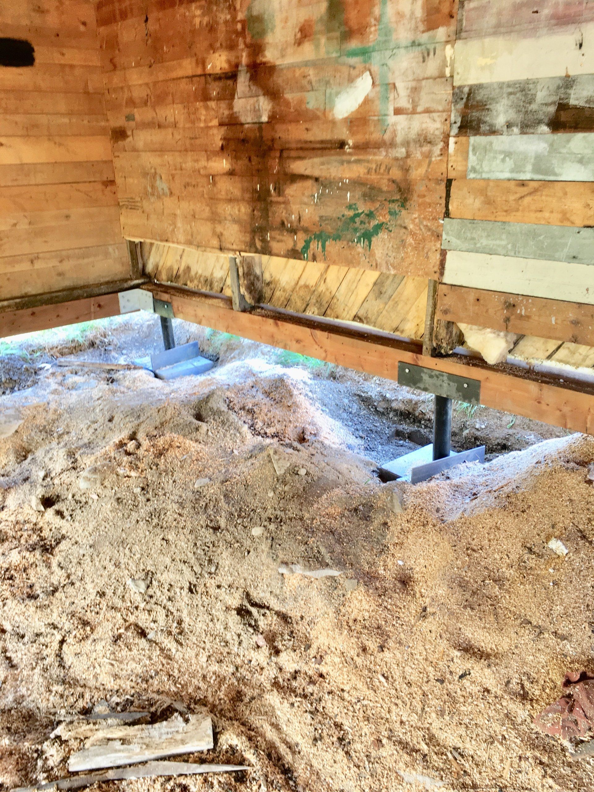 Il y a beaucoup de copeaux de bois sur le sol d'un bâtiment en bois.