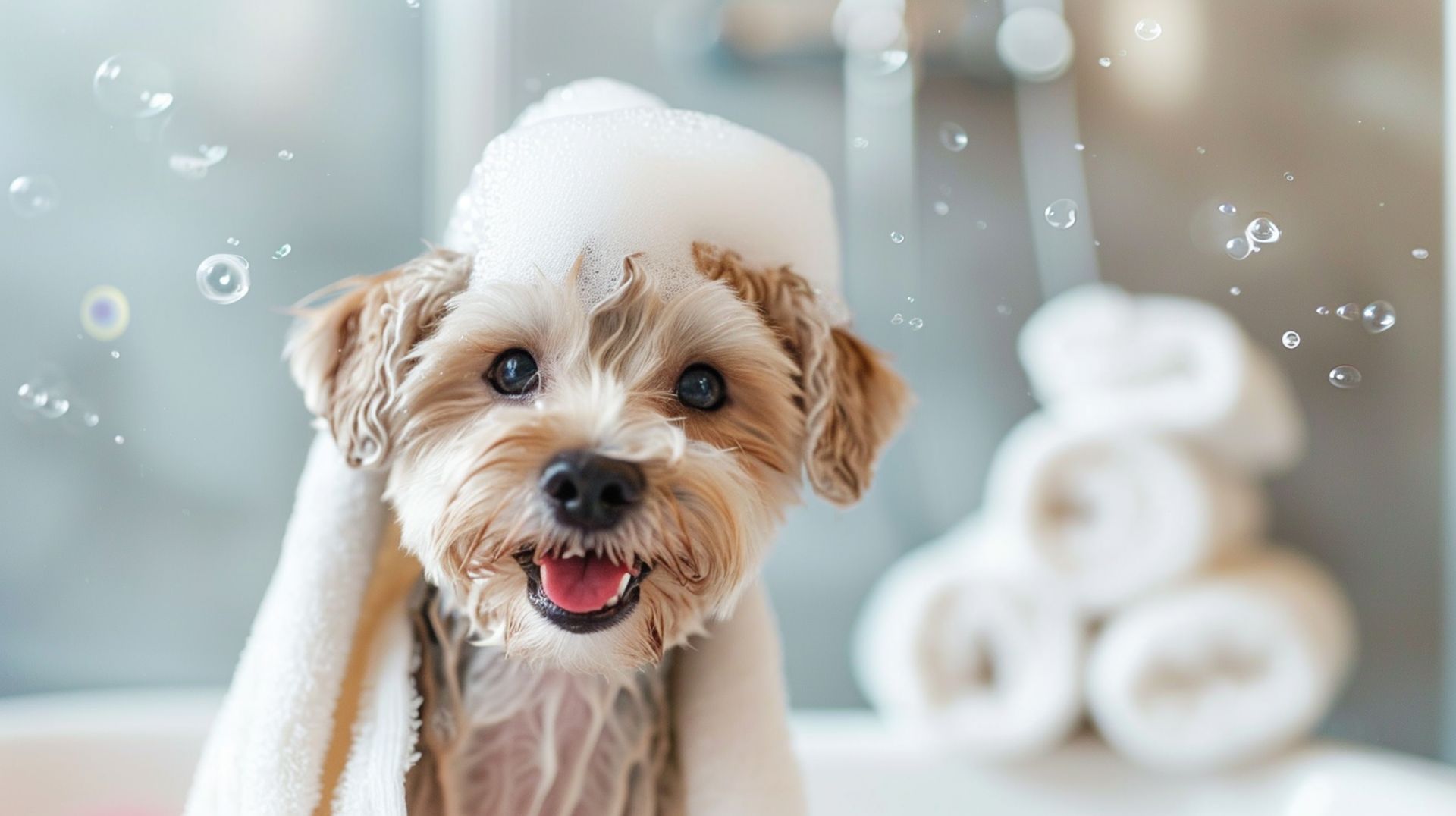 Adorable, cute pet taking a bath and covered in a towel