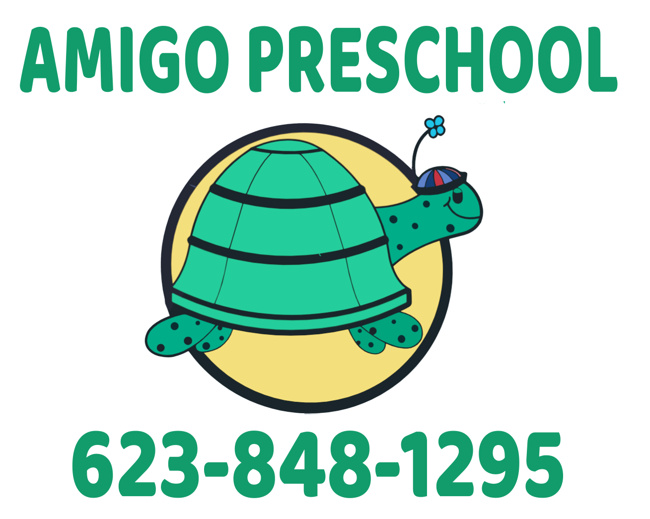 The logo for amigo preschool shows a turtle with a flower on its head