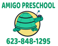 The logo for amigo preschool shows a turtle with a flower on its head