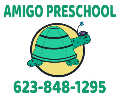 The logo for amigo preschool shows a turtle with a flower on its head