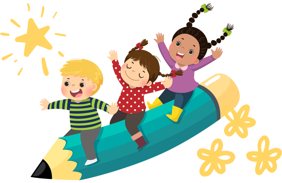 A group of children are riding on top of a large pencil.