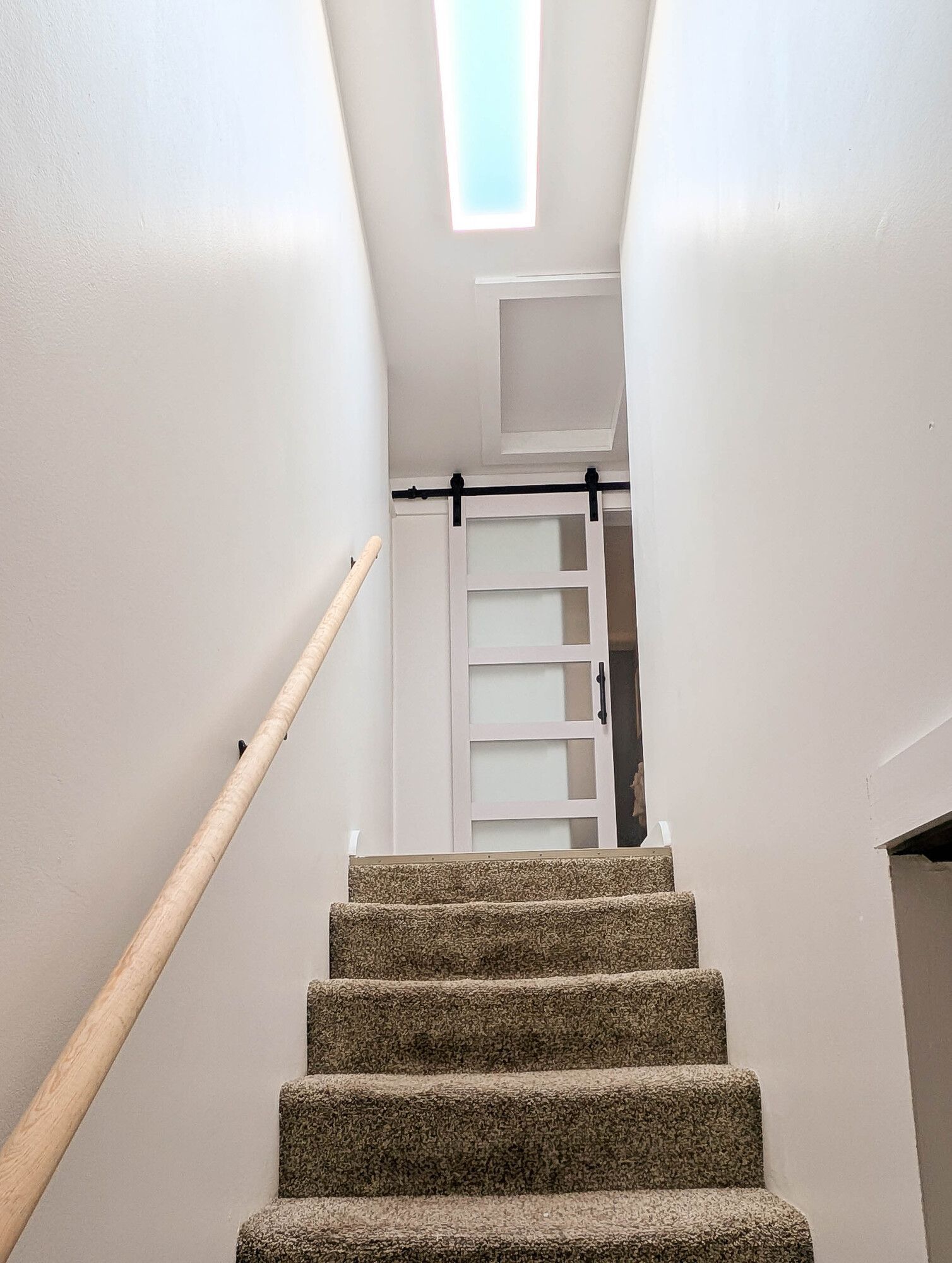 Staircase leading upwards with beige carpet and a sliding glass door at the top. Skylight illuminates the space.