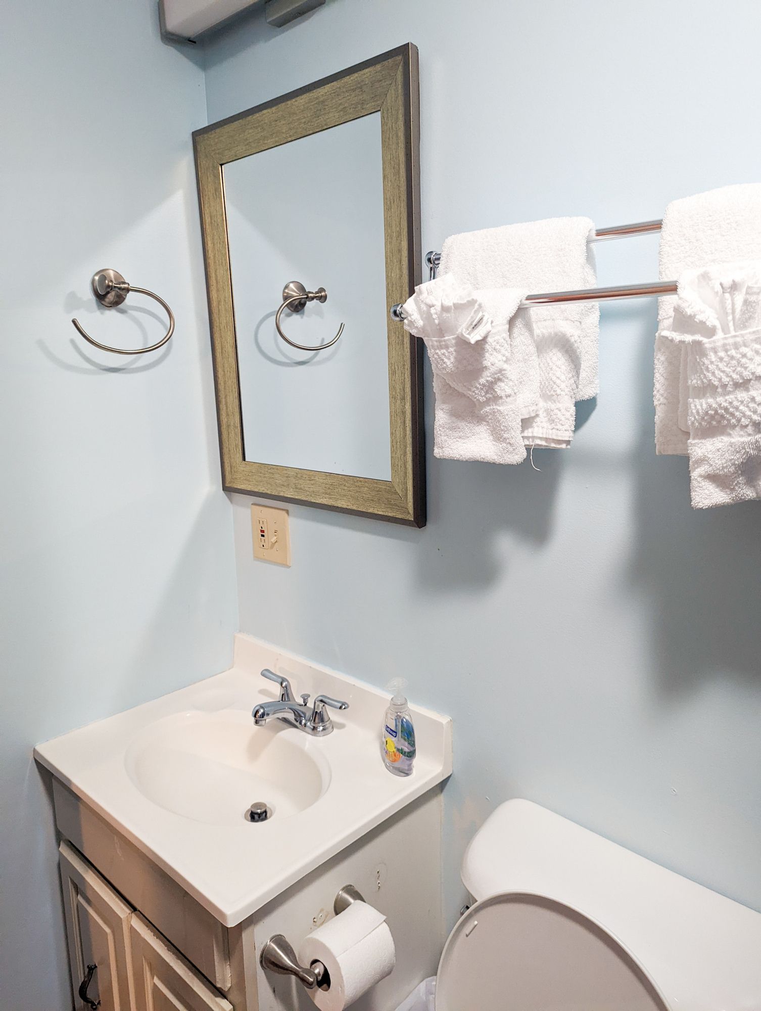 A bathroom with a sink a toilet and a mirror