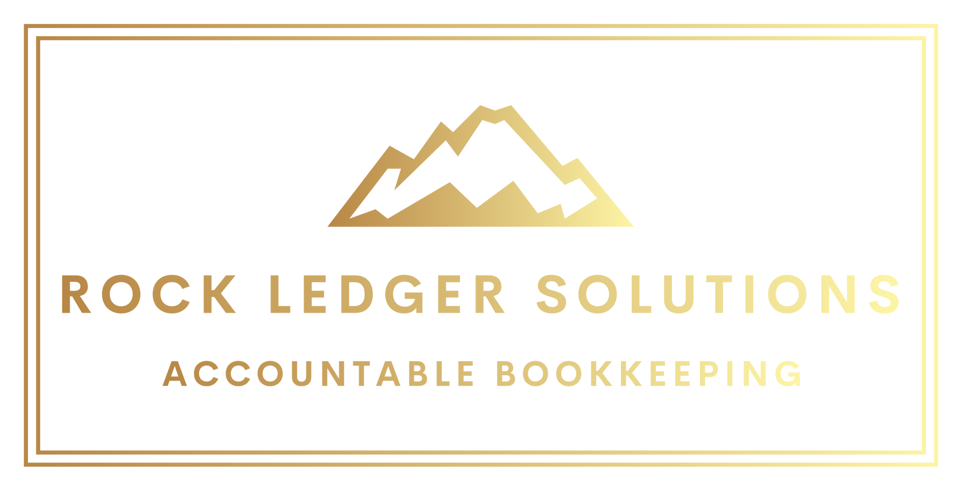 Gold-toned logo for Rock Ledger Solutions, featuring mountain silhouette above text 