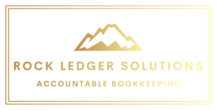 Gold-toned logo for Rock Ledger Solutions, featuring mountain silhouette above text 