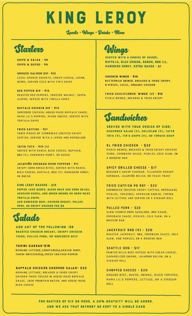 Seattle Menu side 1