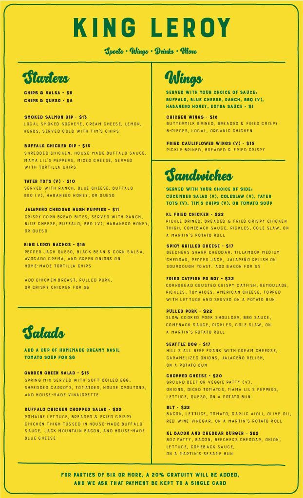 Seattle Menu side 1