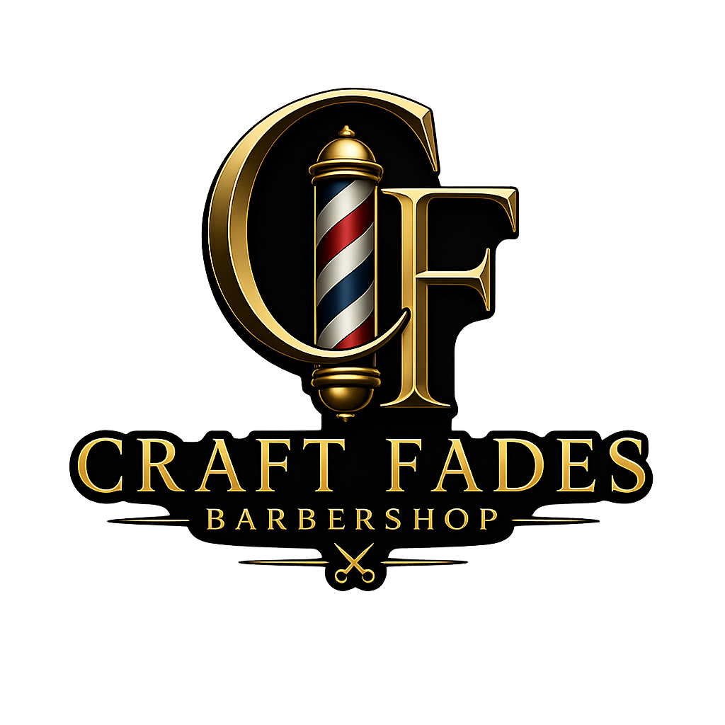 Craft Fades barbershop logo with gold CF monogram on dark textured background