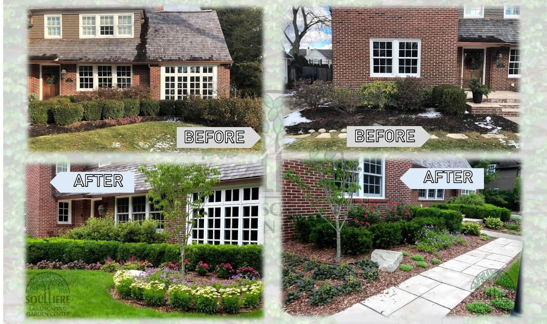 Before and after photos of house landscaping, showing a front yard transformation with new plants and walkways.