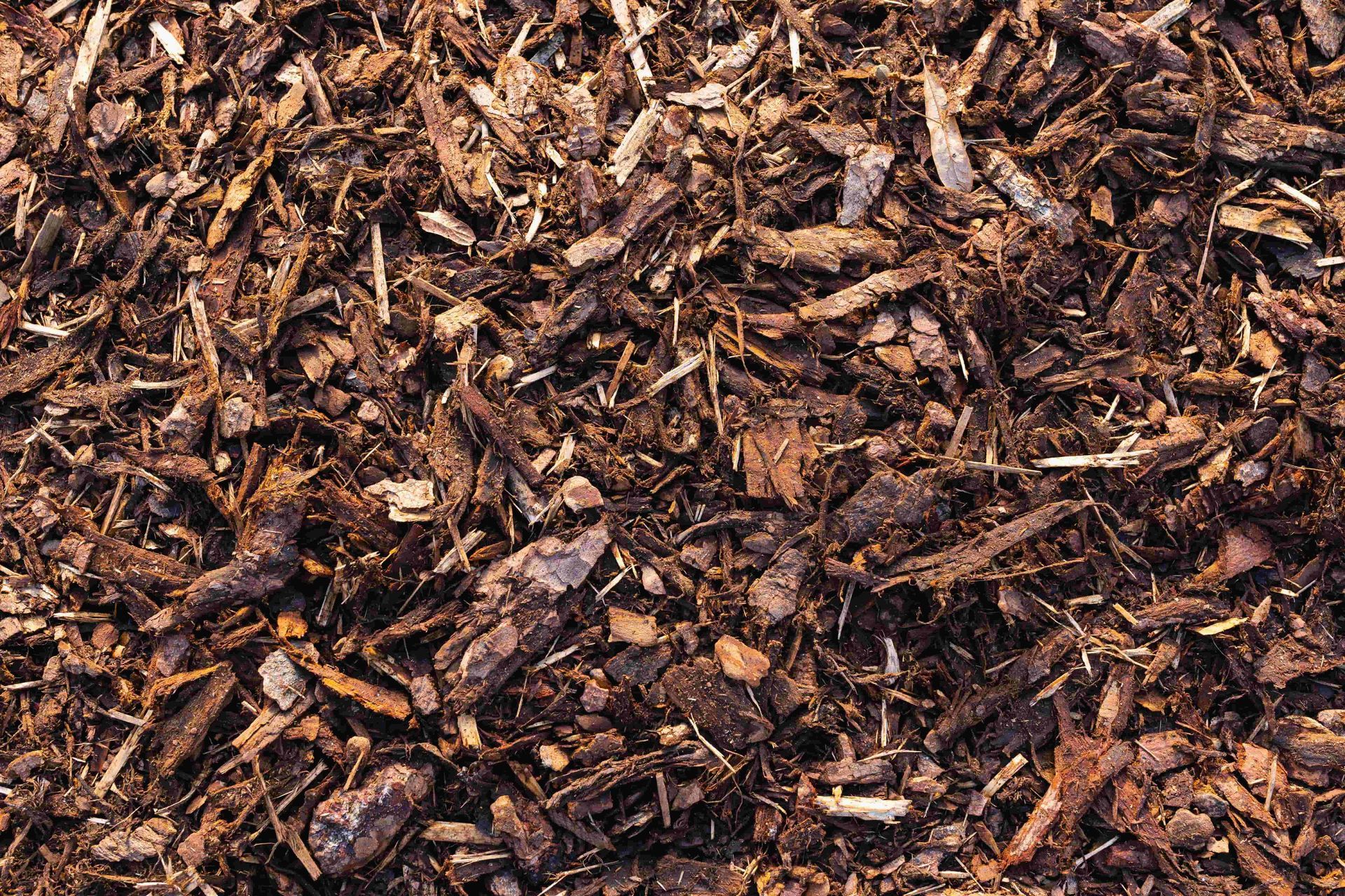 Close-up view of dark brown shredded mulch.