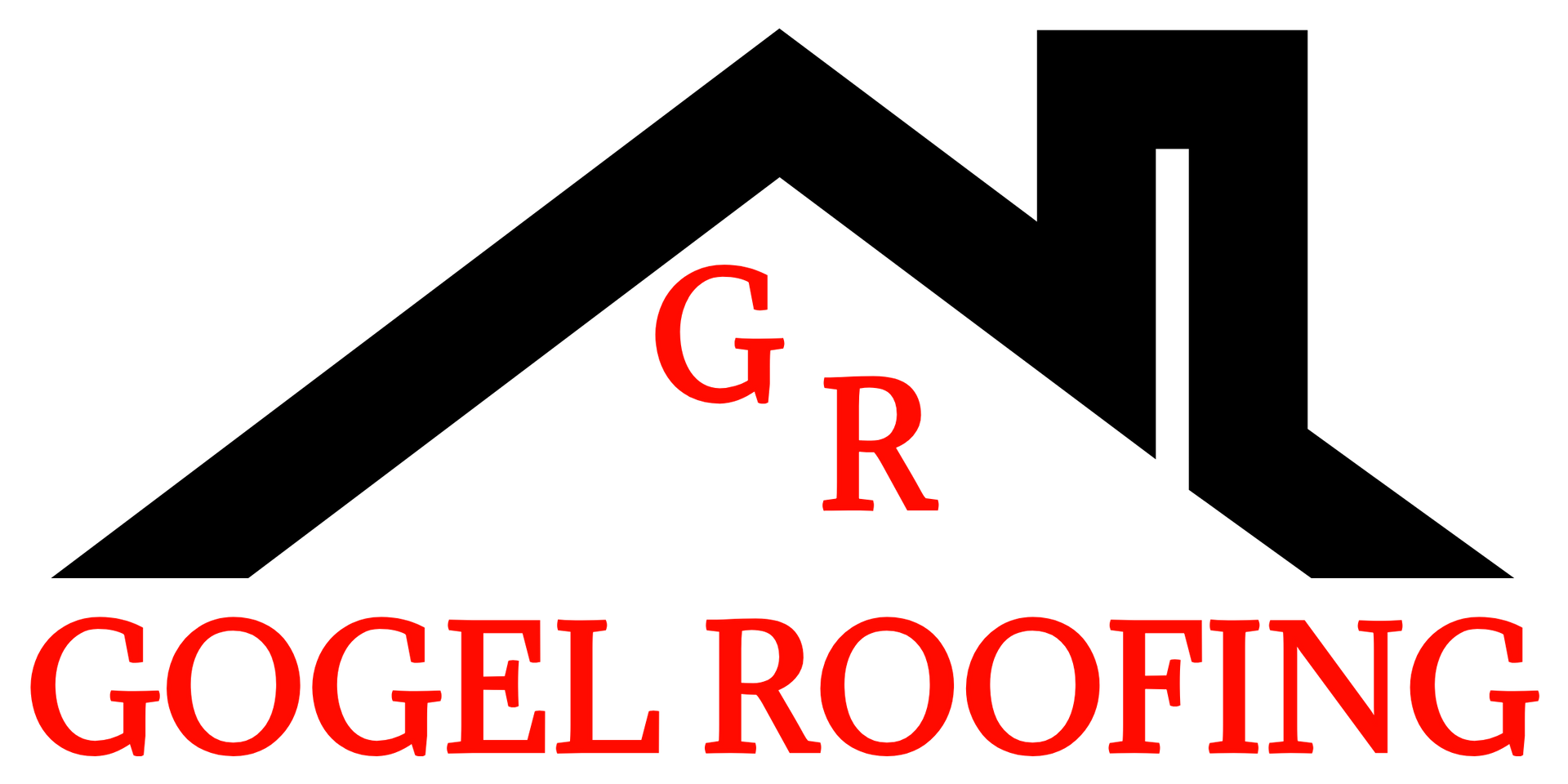 A logo for gogel roofing with a roof and a chimney.